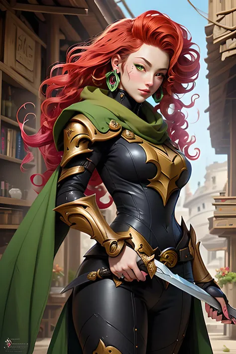 ((best quality)), ((masterpiece)), (detailed), woman with green hair, holding a sword, (Artgerm inspired:1.2), (pixiv contest winner:1.1), (octopus goddess:1.3), (Berserk art style:1.2), close-up portrait, goddess skull, (Senna from League of Legends:1.1), (Tatsumaki with Red curly hair:1.2), card game illustration, thick brush, HD anime wallpaper, (Akali from League of Legends:1.1), 8k resolution <lora:Niji:1>