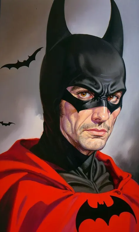 allessbiff2023, oil painting \(medium\), illustration, 1960s \(style\), stylized, batman, 1man