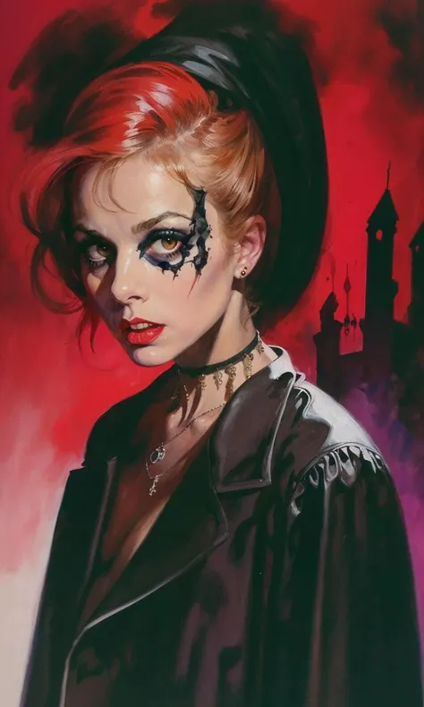 1girl, allessbiff2023, oil painting \(medium\), illustration, 1960s \(style\), stylized, multiple perspectives, horror \(theme\), pulp, horror \(theme\), multi layered portrait