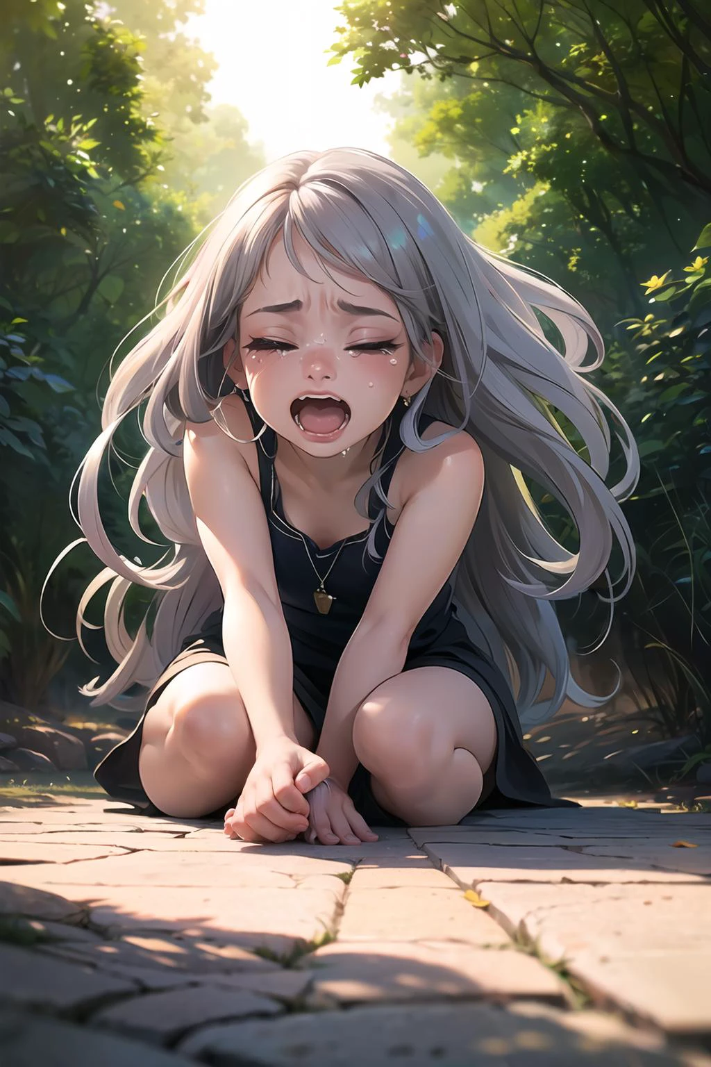 (masterpiece: 1.3), (best quality: 1.5), girl sitting on the ground, screaming, eyes closed, mouth wide open, tears, long gray hair, sadness, (hard light), UHD
<lora:vectorer:1> <lora:detail_slider_v4:0.8>