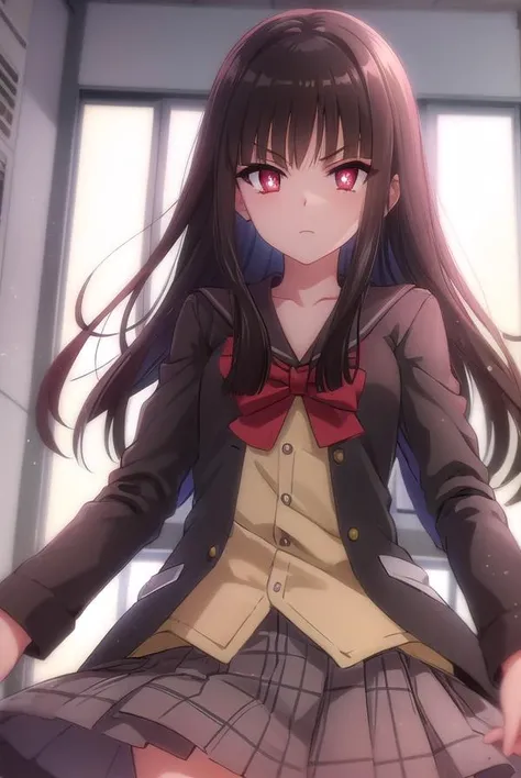 sarasvati, <lora:sarasvati s2-lora-nochekaiser:1>,
sarasvati, long hair, black hair, (red eyes:1.4), blunt bangs, hime cut,
BREAK skirt, bow, school uniform, serafuku, plaid, red bow, brown skirt,
BREAK indoors,
BREAK looking at viewer, (cowboy shot:1.5),
BREAK <lyco:GoodHands-beta2:1>, (masterpiece:1.2), best quality, high resolution, unity 8k wallpaper, (illustration:0.8), (beautiful detailed eyes:1.6), extremely detailed face, perfect lighting, extremely detailed CG, (perfect hands, perfect anatomy),