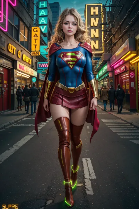 <lora:CuteGirlMix4:0.2>, mix4, (8k, RAW photo, best quality, masterpiece:1.2), (realistic, photo-realistic:1.37), ((1girl)), cute, petite, slim, smiling, ((supergirl, dc, blonde hair, long wavy hair, red cape;1.2)), cityscape, night time, dark city, neon lights, ((neon:1.4)), professional lighting, photon mapping, radiosity, physically-based rendering, full body, dynamic pose, moving, wearing a ((thick blue and red textured skintight leather superhero outfit, gold logo on chest)) ((large breasts:1)), (cameloe), <lora:RSERomantic_RSESofiko_RSEEmma-v1:0.3> <lora:breastinclassBetter:0.2> <lora:perky_breasts:0.4> Covered breasts, Cleavage