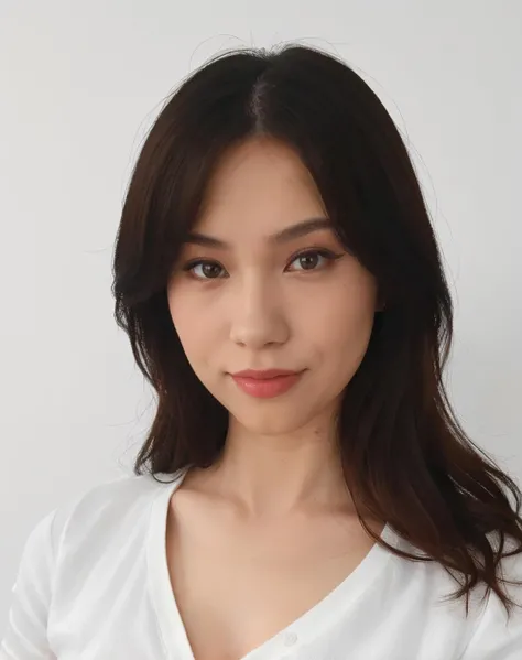 Jo_di woman, in white shirts, upper body, looking at viewer, simple background ,masterpiece, best quality, ultra-detailed extremely detailed, intricate detail, fine detail, careful detail, <lora:QuarterJade:0.8>