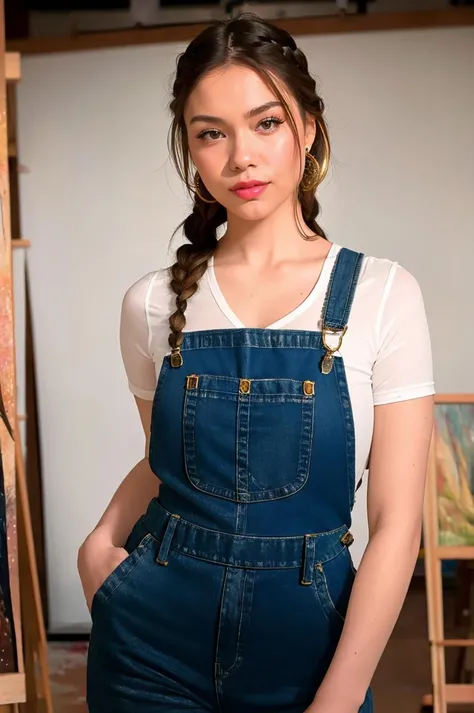 photorealistic photo of Jo_di woman, 1girl, full body, long braided hair, modeling, dynamic pose, artist in her atelier, detailed face,detaied skin,beautiful detailed eyes, detailed lip, workshop, paint, natural skin texture, (dynamic pose:0.3), petite, artist, detailed background, (busy background:1.2), colorful, messy,blue overalls,cleavage,depth of field <lora:QuarterJade:0.8>