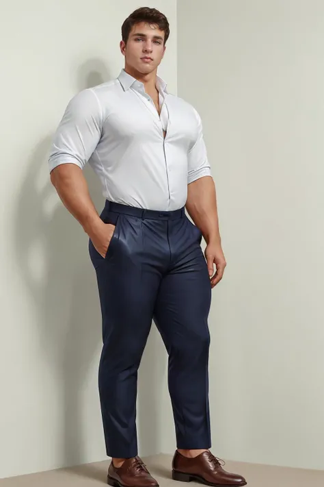 masterpiece, best quality, illustration of jjperson <lora:josh_joyce-11:0.8>, thicc, standing-tall-and-confident, sophisticated-charm, tailored-suits, wearing a deep-navy-blue suit, broad-shoulders, narrow-waist, crisp-white-dress-shirt, wearing polished leather shoes, elegant sophisticated minimalist background