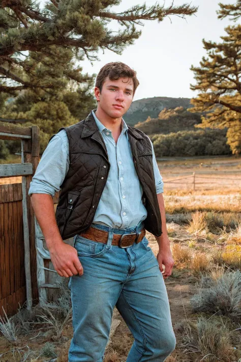 full body photo of jjperson <lora:josh_joyce-11:0.8>, standing on a ranch, dressed as a cowboy, shirt, vest, pants, chaps, jeans, plaid, belt, natural sunlight, rustic-aesthetic, majestic western landscape background, rustic-charm
