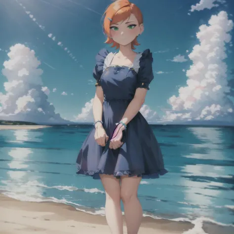 <lora:GwenV1:0.8>,(maid dress),Gwen, 1girl, solo, outdoors,green eyes, short hair, looking at viewer,, orange hair, hair ornament, sky, blush, cloud, ocean, hairclip, closed mouth, earrings, water, blue sky, jewelry, bangs, swept bangs, stud earrings,full body,