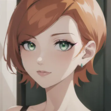 <lora:GwenV1:0.8>,Gwen, 1girl, solo,green eyes, short hair, orange hair, earrings,