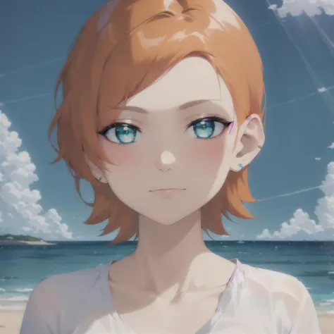 <lora:GwenV1:0.9>,Gwen, 1girl, solo, outdoors,green eyes, short hair, looking at viewer,, orange hair, hair ornament, sky, blush, cloud, ocean, hairclip, closed mouth, earrings, water, blue sky, jewelry, bangs, swept bangs, white shirt, stud earrings