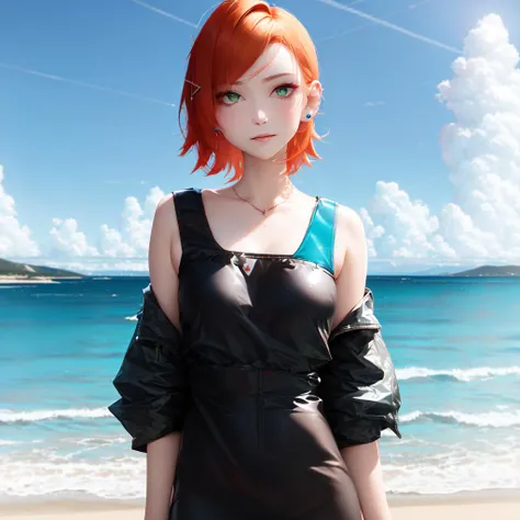 <lora:GwenV1:0.8>,Gwen, 1girl, solo, outdoors,green eyes, short hair, looking at viewer,, orange hair, hair ornament, sky, blush, cloud, ocean, hairclip, closed mouth, earrings, water, blue sky, jewelry, bangs, swept bangs, stud earrings,full body,