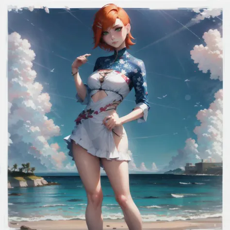 <lora:GwenV1:0.8>,Gwen, 1girl, solo, outdoors,green eyes, short hair, looking at viewer,, orange hair, hair ornament, sky, blush, cloud, ocean, hairclip, closed mouth, earrings, water, blue sky, jewelry, bangs, swept bangs, stud earrings,full body,