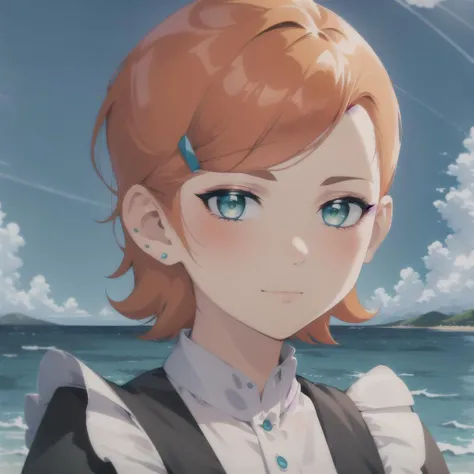 <lora:GwenV1:0.8>,(maid dress),Gwen, 1girl, solo, outdoors,green eyes, short hair, looking at viewer,, orange hair, hair ornament, sky, blush, cloud, ocean, hairclip, closed mouth, earrings, water, blue sky, jewelry, bangs, swept bangs, stud earrings,full full body,