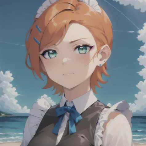 <lora:GwenV1:0.8>,(maid dress),Gwen, 1girl, solo, outdoors,green eyes, short hair, looking at viewer,, orange hair, hair ornament, sky, blush, cloud, ocean, hairclip, closed mouth, earrings, water, blue sky, jewelry, bangs, swept bangs, white shirt, stud earrings