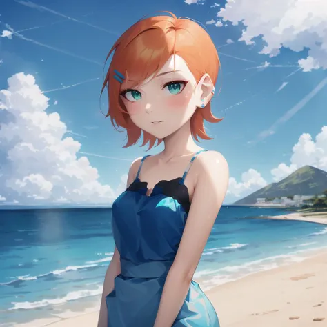 <lora:GwenV1:0.8>,Gwen, 1girl, solo, outdoors,green eyes, short hair, looking at viewer,, orange hair, hair ornament, sky, blush, cloud, ocean, hairclip, closed mouth, earrings, water, blue sky, jewelry, bangs, swept bangs, stud earrings,full body,
