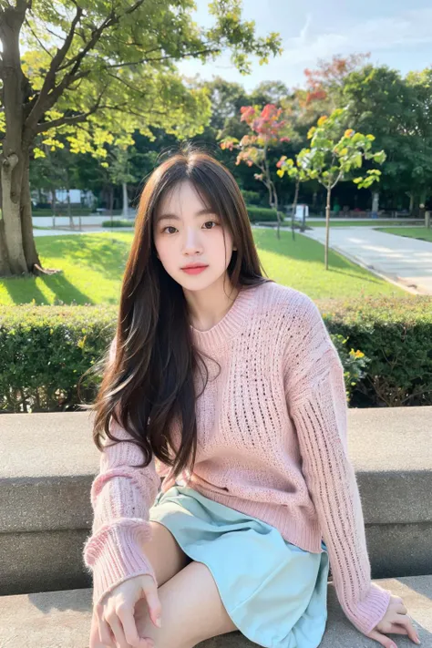 (best quality:1.4), (ultra highres:1.2), (photorealistic:1.4), (8k, RAW photo:1.2),(portrait shot:1.3), earn.muien, 1girl, solo, 1girl, long hair, skirt, white shirt, long sleeves, sweater, day, sky, tree, bokeh, depth of field, sitting, <lora:earn.muien-000007:0.65>
