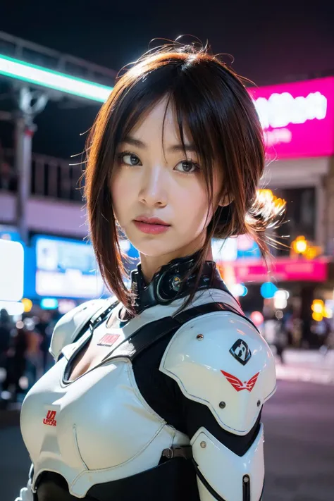 (best quality:1.4), (ultra highres:1.2), (photorealistic:1.4), (8k, RAW photo:1.2),(portrait shot:1.3), earn.muien, 1girl, solo, long hair, machinery, mecha, machinery armor, glow, backlighting, cinematic lighting, upper body, cyberpunk, neon lights, street, white armor, hairband, energy sword, <lora:earn.muien-000007:0.65>, <lora:FINAL Robort:0.5>