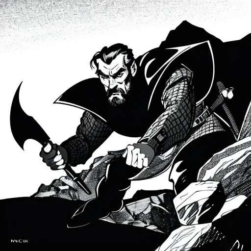 PhilipCipher <lora:OldSchoolDnD:0.7> adnd detailed lineart of a cowardly wizard hiding behind a rock as some horrible monster's shadow looms over him<lora:neg4all_bdsqlsz_V3.5:0.8> thematic background, dynamic action pose, ,