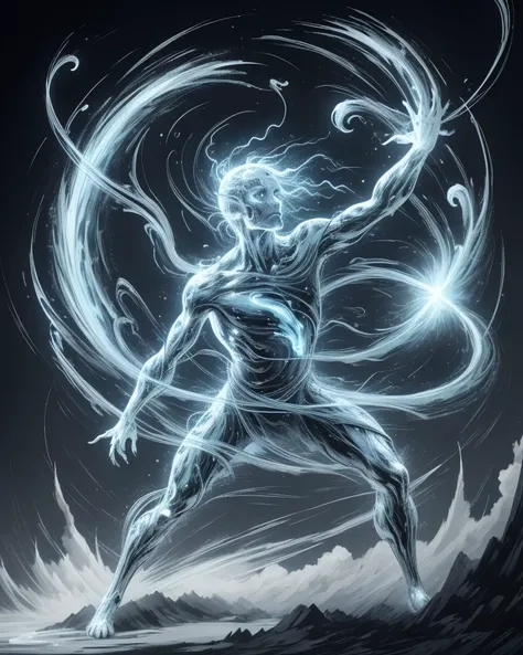 wizard casting magic, <lora:OldSchoolDnD-10:1.0> adnd lineart, action shot, <lora:actionshot:0.8>  <lora:TempestMagic-21:0.7> tempestmagic, fantasy, ethereal transparent, motion blur, [lightning magic jagged streaks of electric blue white energy, crackling intensely around a pulsating core, sizzles and pops with static, ground is faintly glowing :  swirling transparent, transluscent vortex of wind, bends and distorts the ai, gentle embrace,  dancing around an invisible core, pulse ]
