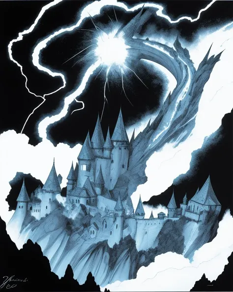 A magical storm brews over a lonely castle <lora:OldSchoolDnD-10:1.0> adnd lineart, action shot, <lora:actionshot:0.8>, fantasy, ethereal transparent, motion blur, jagged streaks of electric blue white energy, crackling intensely around a pulsating core, sizzles and pops with static, ground is faintly glowing