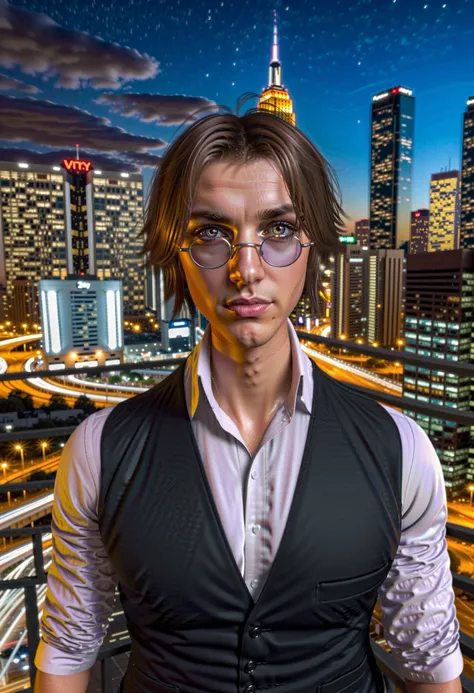 Simon Petrikov, solo, looking at viewer, short hair, brown hair, shirt, 1boy, white shirt, upper body, male focus, glasses, hair over one eye, vest, lips, night, sunglasses, building, black vest, city, realistic, cityscape, city lights <lora:SimonSexyMan:0.5>