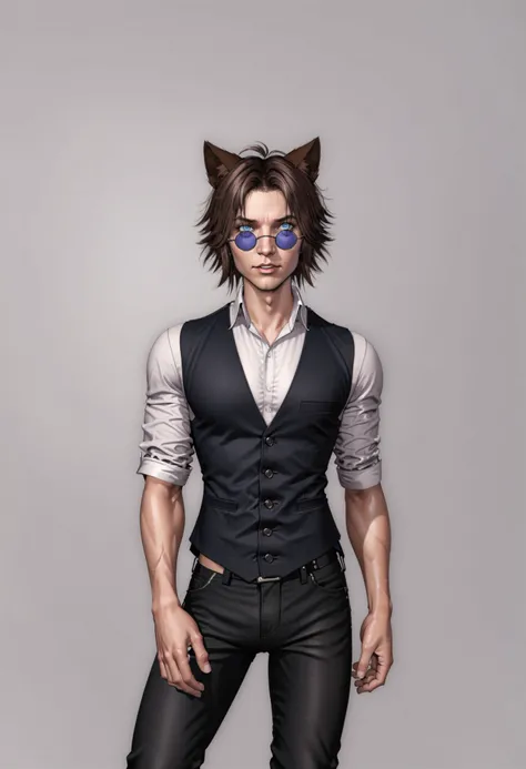 1boy, animal ears, black vest, blue eyes, brown hair, cat ears, collared shirt, indoors, looking at viewer, pants, shirt, simon petrikov, simple background, solo, sunglasses, tinted eyewear, upper body, vest, <lora:SimonSexyMan:0.5>