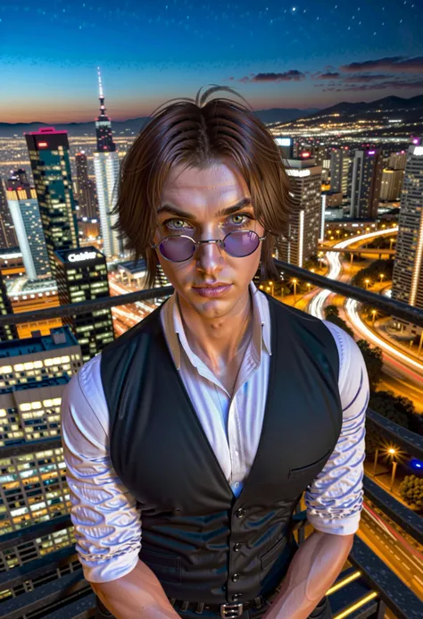 Simon Petrikov, solo, looking at viewer, short hair, brown hair, shirt, 1boy, white shirt, upper body, male focus, glasses, hair over one eye, vest, lips, night, sunglasses, building, black vest, city, realistic, cityscape, city lights <lora:SimonSexyMan:0.5>