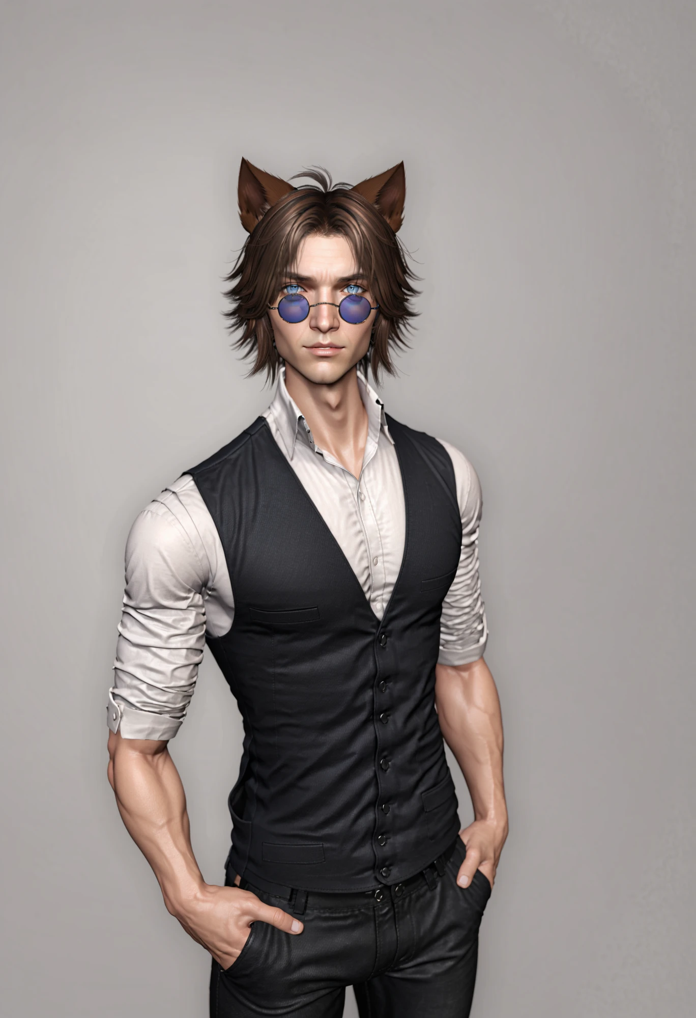 1boy, animal ears, black vest, blue eyes, brown hair, cat ears, collared shirt, indoors, looking at viewer, pants, shirt, simon petrikov, simple background, solo, sunglasses, tinted eyewear, upper body, vest, <lora:SimonSexyMan:0.5>