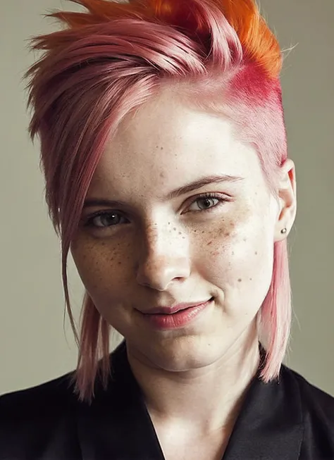 portrait of sks woman by Flora Borsi, style by Flora Borsi, bold, bright colours, orange Mohawk haircut, ((Flora Borsi)), <lora:locon_aspenow_v1_from_v1_64_32:1.25>