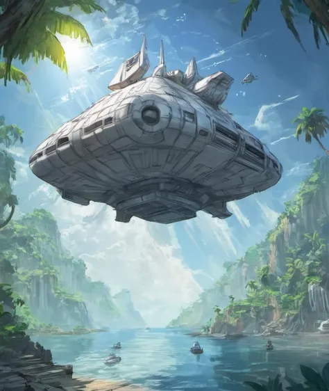 <lora:CSRfull:0.9> 2d anime hand-drawn digital sketch style, huge square spaceship landing on top of (paradise island:1.3),sunny day, space opera,