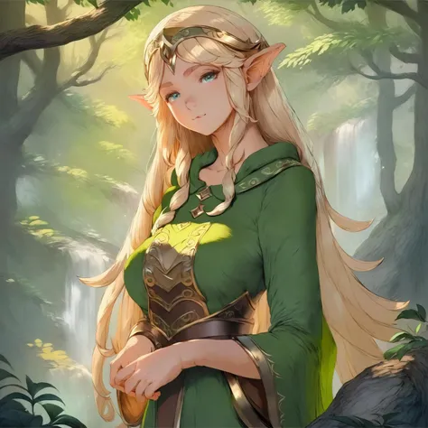 (best quality,4k,8k,highres,masterpiece:1.2),ultra-detailed,(realistic,photorealistic,photo-realistic:1.37),elf girl with long blonde hair wearing a green dress and having mesmerizing blue eyes,wisps of curly hair gently caressing her face,fair porcelain skin glowing with a soft ethereal sheen,delicate facial features exuding grace and beauty,natural-looking makeup highlighting her enchanting eyes,thin eyebrows elegantly arched upwards,long and fluttering eyelashes framing her captivating gaze,cheeks adorned with a subtle rosy blush,plump and rosy lips that seem to invite a smile,her eyes reflecting a sense of curiosity and wisdom,a crown of intricate green leaves resting on her flowing locks,green dress adorned with delicate embroidery and sparkling gemstones,flowing sleeves that cascade down her arms,soft and airy fabric gracefully draping around her slender figure,a forest filled with magical creatures serving as the backdrop,sunlight filtering through the vibrant leaves casting a warm and enchanting glow,whispering wind gently rustling the leaves enhancing the ethereal atmosphere,subtle rays of sunlight illuminating her radiant presence, vibrant shades of green and blue harmonizing with her surroundings,evoking a sense of tranquility and magic as if she belongs to a mystical realm, hinting at a story waiting to unfold.