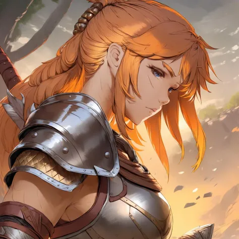 2d anime hand-drawn digital sketch style, (masterpiece, highly detailed, 4k wallpaper, beautiful), 1girl, barbarian, confident, messy short orange hair, battlefield, leather armor, <lora:CSRfull:0.9>