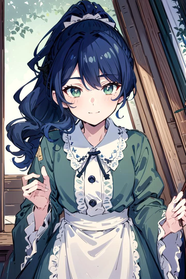 (Highest picture quality), (Master's work), (ultra-detailed), (Detailed eye description:1.2), masterpiece, best quality, (1boy:1.3), dark blue hair, curly hair, ponytail, green eyes, look to the viewer, smiles, <lora:mei-lan:0.8> , <lora:CONCEPT-CafeTerraceUniform:0.8> CafeTerraceUniform, maid headdress, striped dress, white apron, black ribbon