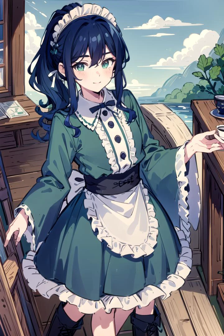(Highest picture quality), (Master's work), (ultra-detailed), (Detailed eye description:1.2), masterpiece, best quality, (1boy:1.3), dark blue hair, curly hair, ponytail, green eyes, look to the viewer, smiles, <lora:mei-lan:0.8> , <lora:CONCEPT-CafeTerraceUniform:0.8> CafeTerraceUniform, maid headdress, striped dress, white apron, black ribbon