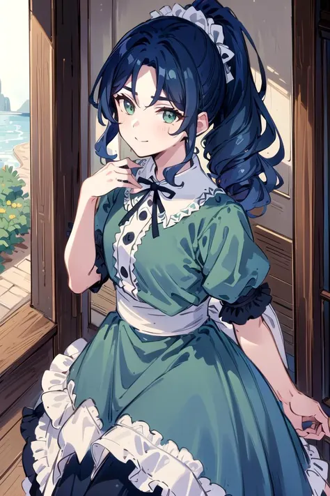 (Highest picture quality), (Master's work), (ultra-detailed), (Detailed eye description:1.2), masterpiece, best quality, (1boy:1.3), dark blue hair, curly hair, ponytail, green eyes, look to the viewer, bent down, looking from down, smiles, hands behind back, hands hidden,  <lora:mei-lan:0.8> ,  <lora:CONCEPT-CafeTerraceUniform:0.8> CafeTerraceUniform, maid headdress, striped dress, white apron, black ribbon