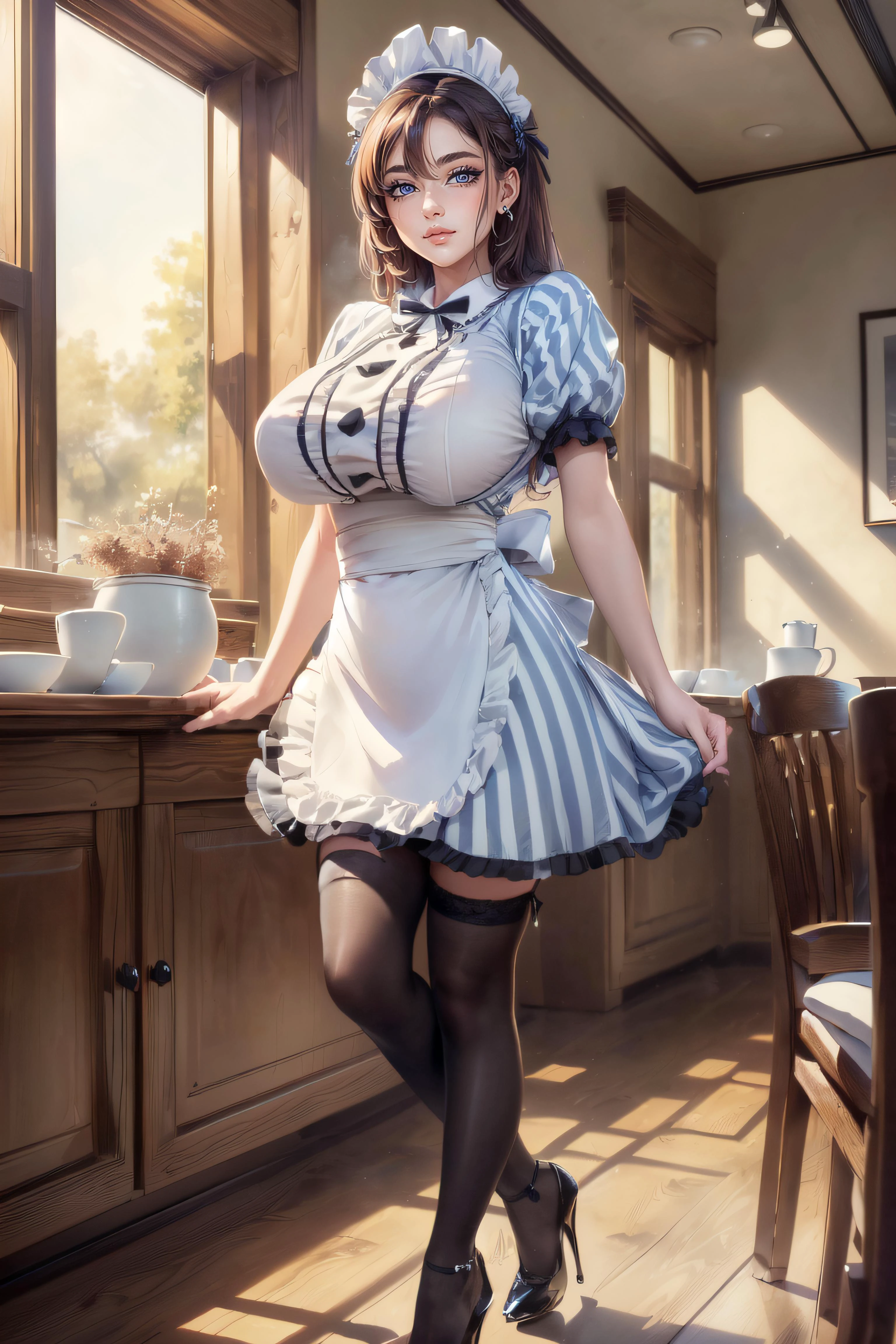 (masterpiece, best quality, ultra detailed, absurdres:1.5), 1girl, (sexy, beautiful woman, perfect face, perfect eyes, perfect female body, medium breasts:1.5), (CafeTerraceUniform, maid headdress, striped dress, white apron, black ribbon, thighhighs, high heels, <lora:CONCEPT-CafeTerraceUniform:0.8>), (standing, indoors, maid cafe), perfect lighting, smooth, hdr