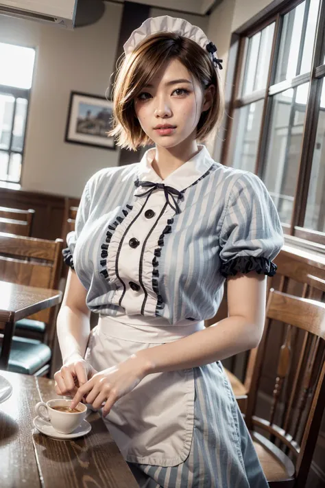 (realistic:1.3), finely detailed, quality, rembrandt lighting, (masterpiece:1.2), (photorealistic:1.2), (best quality), (detailed skin:1.3), (intricate details), dramatic, ray tracing, 1girl, japanese girl, 21 years old, detailed skin texture, (blush:0.5), (goosebumps:0.5), subsurface scattering, smiling, medium breasts, short hair curls, bangs, hair between eyes, CafeTerraceUniform, maid headdress, striped dress, (white apron:1.1), black ribbon, cowboy shot, (bright sunny day, indoors, cafe, tables, chairs), <lora:CafeTerraceUniform:1>