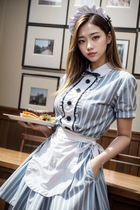 (realistic:1.3), finely detailed, quality, rembrandt lighting, (masterpiece:1.2), (photorealistic:1.2), (best quality), (detailed skin:1.3), (intricate details), dramatic, ray tracing, 1girl, japanese girl, 21 years old, detailed skin texture, (blush:0.5), (goosebumps:0.5), subsurface scattering, smiling, medium breasts, long hair, bangs, hair between eyes, CafeTerraceUniform, maid headdress, striped dress, (white apron:1.1), black ribbon, cowboy shot, holding tray of food, (bright sunny day, indoors, cafe), <lora:CafeTerraceUniform:1>