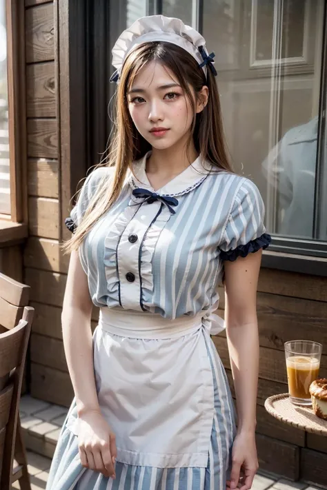 (realistic:1.3), finely detailed, quality, rembrandt lighting, (masterpiece:1.2), (photorealistic:1.2), (best quality), (detailed skin:1.3), (intricate details), dramatic, ray tracing, 1girl, japanese girl, 21 years old, detailed skin texture, (blush:0.5), (goosebumps:0.5), subsurface scattering, smiling, medium breasts, long hair, bangs, hair between eyes, CafeTerraceUniform, maid headdress, striped dress, (white apron:1.1), black ribbon, cowboy shot, holding tray of food, (bright sunny day, indoors, cafe), <lora:CafeTerraceUniform:1>