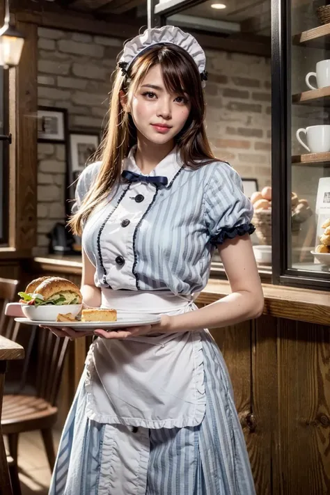 (realistic:1.3), finely detailed, quality, rembrandt lighting, (masterpiece:1.2), (photorealistic:1.2), (best quality), (detailed skin:1.3), (intricate details), dramatic, ray tracing, 1girl, japanese girl, 21 years old, detailed skin texture, (blush:0.5), (goosebumps:0.5), subsurface scattering, smiling, medium breasts, long hair, bangs, hair between eyes, CafeTerraceUniform, maid headdress, striped dress, (white apron:1.1), black ribbon, cowboy shot, holding tray of food, (bright sunny day, indoors, cafe), <lora:CafeTerraceUniform:1>