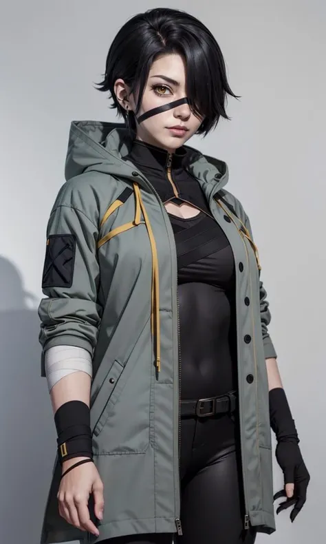 cinderfall2023, best quality, masterpiece, 1girl, anime style, grey coat, bandages, tactical clothes, warp bandages,