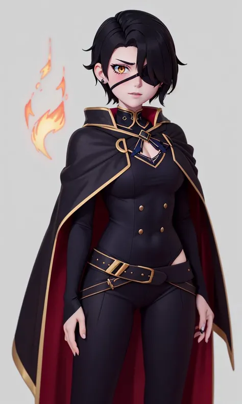 cinderfall2023, best quality, masterpiece, 1girl, anime style, glowing eye, standing, half cape, black suit, velts, blue feather pendant, eyepatch, flame, cell shaded style,