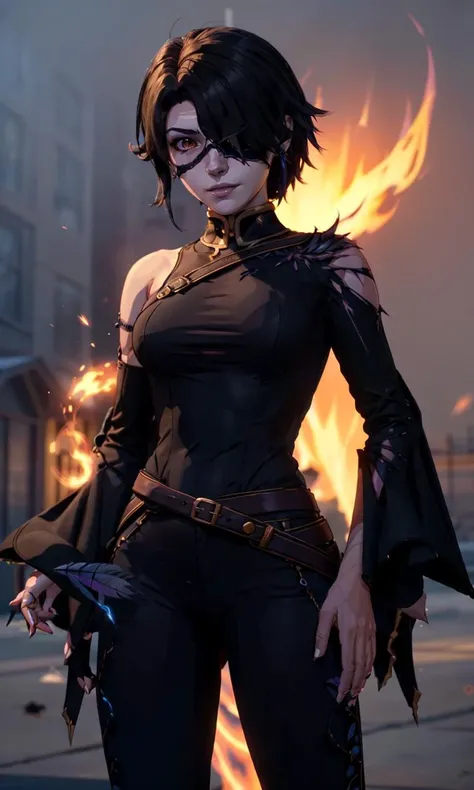 cinderfall2023, best quality, masterpiece, 1girl, anime style, glowing eye, standing, black suit, belts, blue feather diamond, eyepatch, flame, cell shaded style