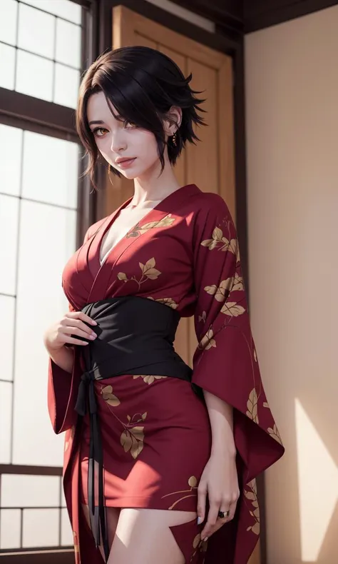 cinderfall2023, best quality, masterpiece, 1girl, anime style, yellow eyes, standing, red kimono dress,