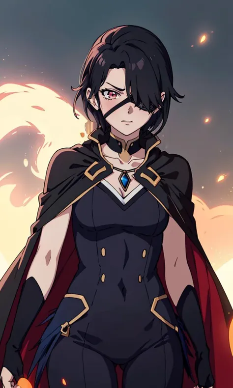 cinderfall2023, best quality, masterpiece, 1girl, anime style, glowing eye, standing, half cape, black suit, velts, blue feather pendant, eyepatch, flame,