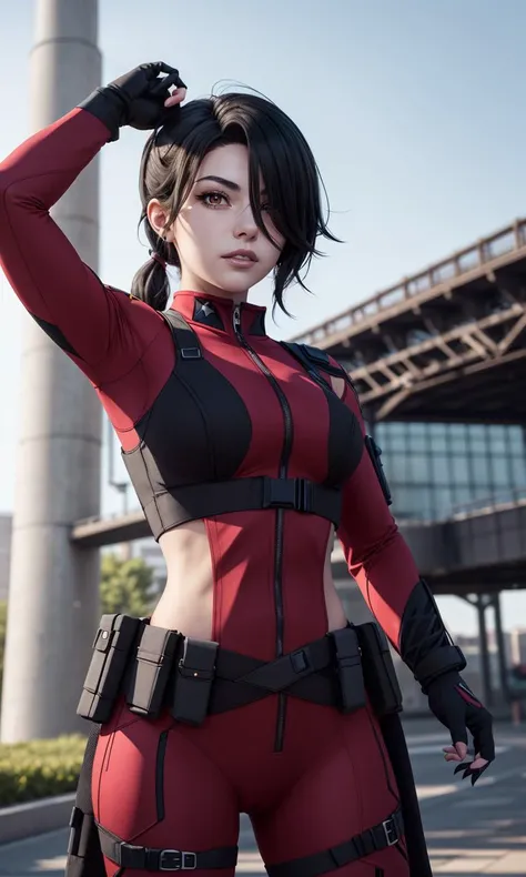 cinderfall2023, best quality, masterpiece, 1girl, anime style, ponytail, red tactical suit, action pose, black left arm, utility belt, bulletproof vest, hair over eye, arcane ninja