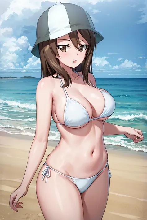 (masterpiece, best quality),  intricate details,
1girl,  megumin, short hair, hat, witch hat
 1girl, solo, breasts, looking_at_viewer, smile, large_breasts, cleavage, bare_shoulders, collarbone, sitting, sitting on rock, legs crossed, thick thighs, thong underwear, from_below, breasts, large breasts, big breasts, huge breasts, big tits, giant breasts, small bikini, bikini, white bikini, bare shoulders, bare arms, beach, ocean, underboob, island background