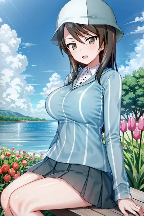masterpiece, best quality,1girl, solo, girls und panzer, mika, brown eyes, bangs, blue headwear, tulip hat, large breasts, keizoku school uniform, vertical-striped shirt, wing collar, white shirt, blue shirt, long sleeves, grey skirt, sitting, outdoors, blue sky, lake <lora:Mika:0.7>