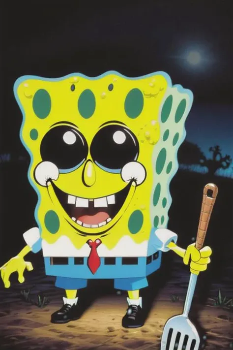 1980s slasher movie poster, spongebob, poster <lora:EnvyPulpHorrorXL01-weighted:1>
