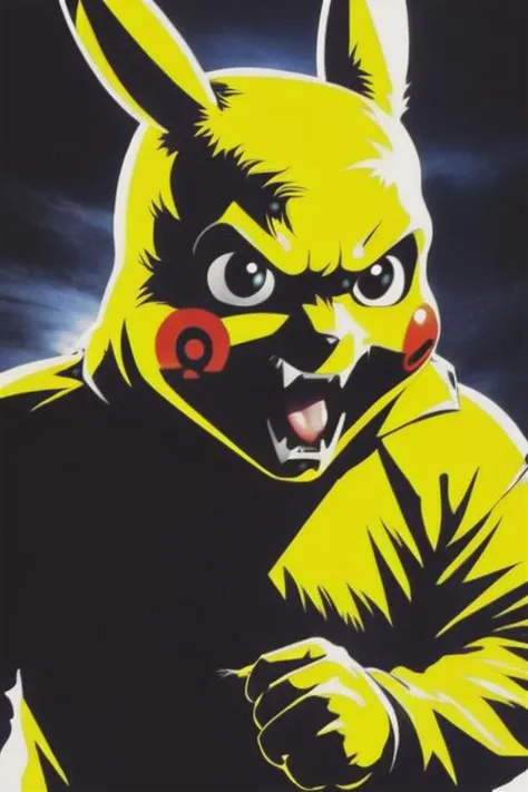 1980s slasher movie poster, scary pikachu, horror poster style <lora:EnvyPulpHorrorXL01-weighted:1>