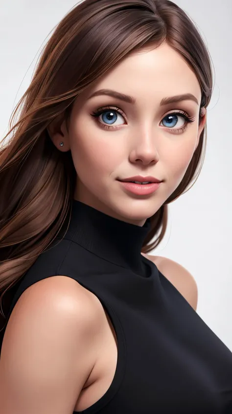 jul144nn as cartoon character, sfw, dressed, black top, turtleneck, curvy, upper body, intricate, sharp focus, soft lighting, vibrant colors, masterpiece, (frontal), detailed eyes, advertising studio lights, frontal led light ring, smooth shadows, bokeh background, Hyper Realistic Photography, Hyperdetail, UHD, Color Correction, HDR, color grading, hyper realistic (white background),